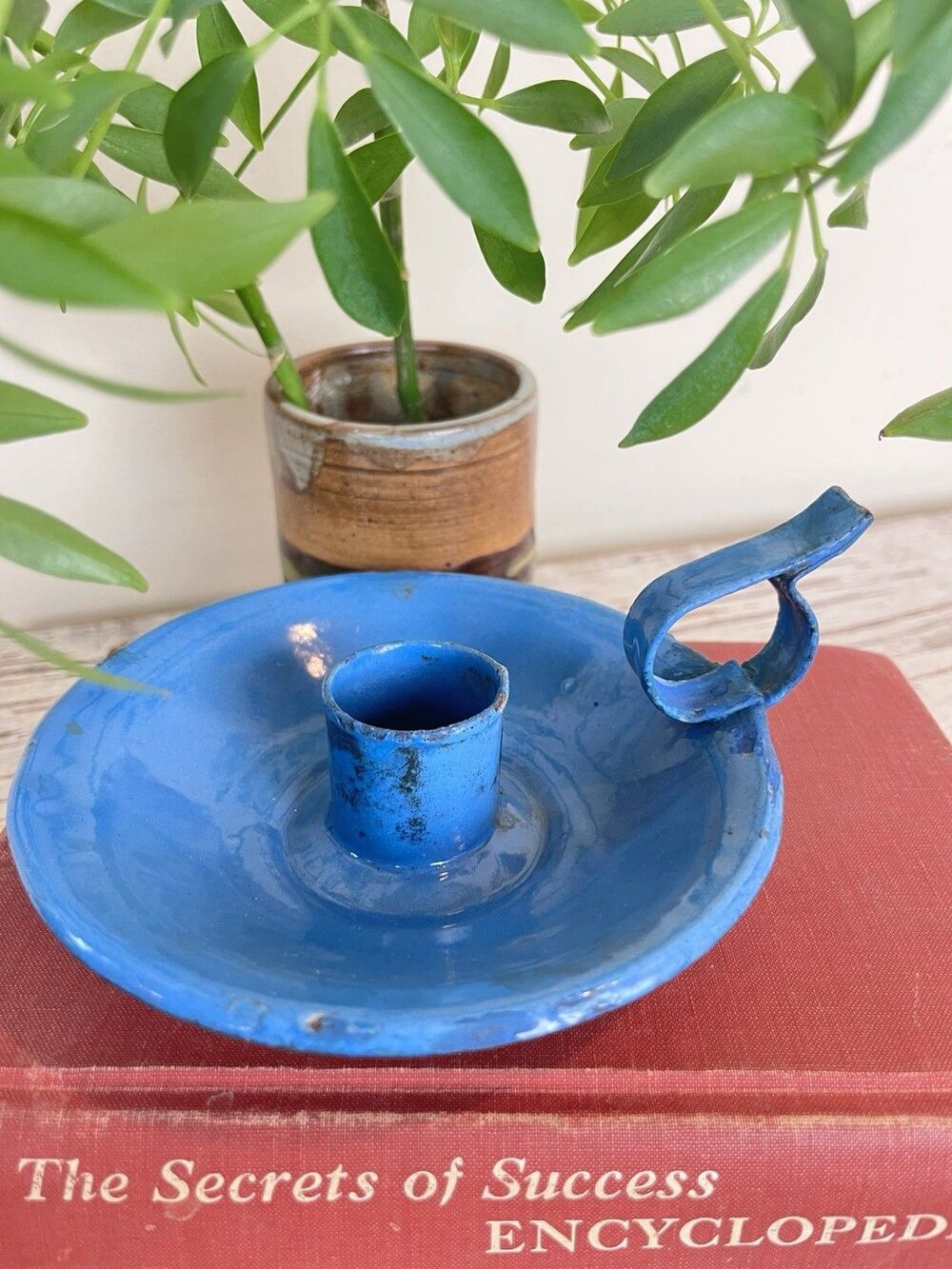 Vintage Enamelware French Farmhouse Candleholder Robin’s Egg Blue + Finger Loop